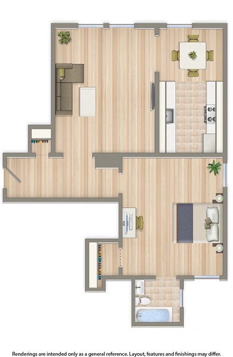 Floor plan for 1 bed, 1 bath, 576 sqft